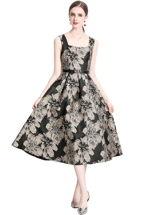 Runway Fashion Fall Jacquard Belted Retro Style Women's Dress, Party, Wedding Guest, Prom Vestidos